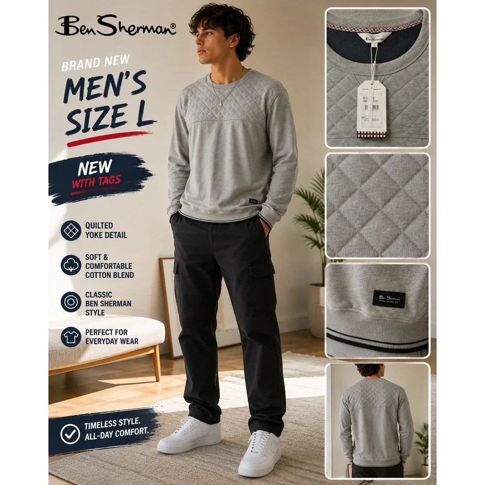 Ben Sherman Mens Quilted Yoke Sweatshirt Grey Heather Crew Neck Size L NEW